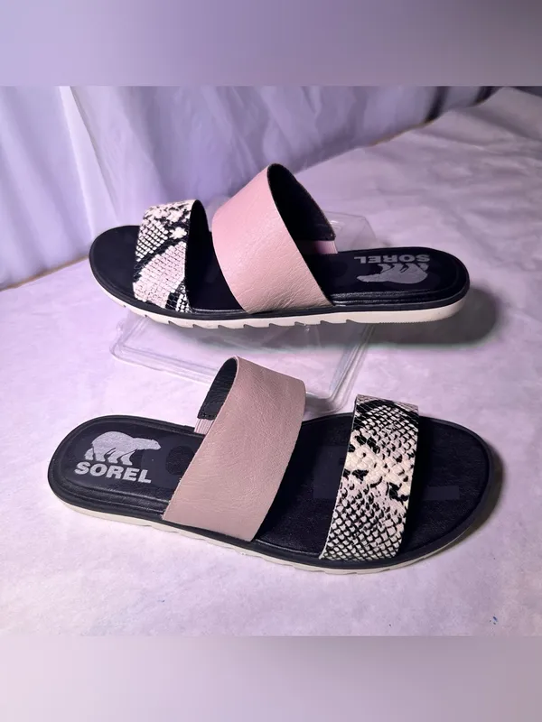 Sorel Two-Band Slide Sandals in Pink and Black Snake Print - Image 2