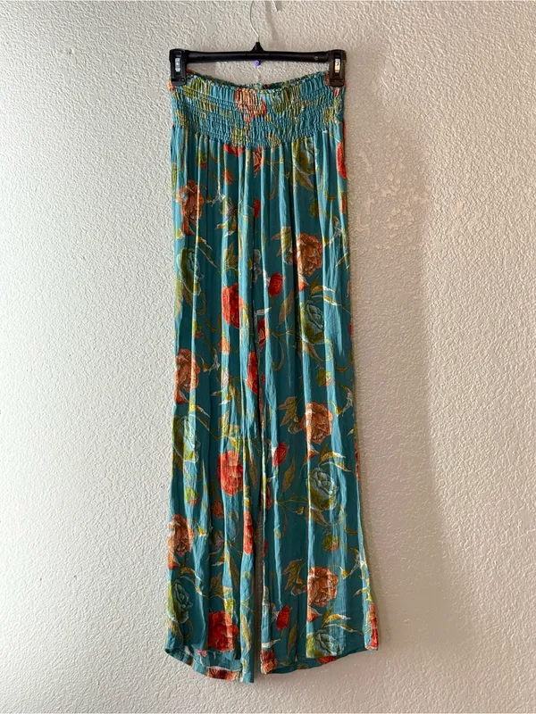 O’Neill Teal Floral Wide Leg Pants Smocked Waist Boho Resort Coastal Small Beach - Image 7
