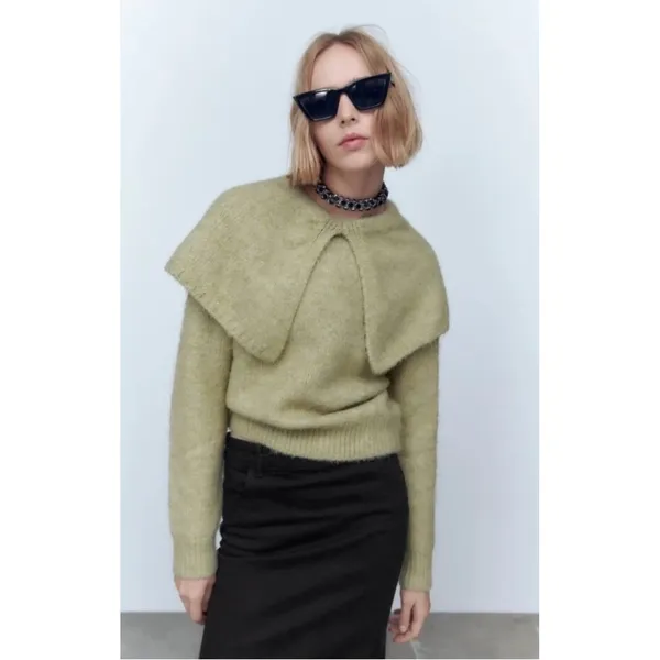 ZARA Wide Lapel Cape Collar Knit Sweater Sage Green Pullover Cottagecore Medium - Image 5