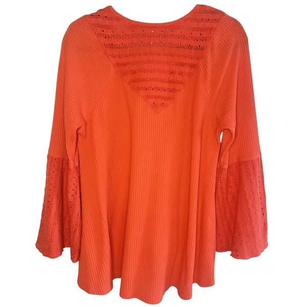 Free People Parisian Nights Tunic Top M Red Orange Lace Eyelet Boho Peasant Top‎ - Image 2