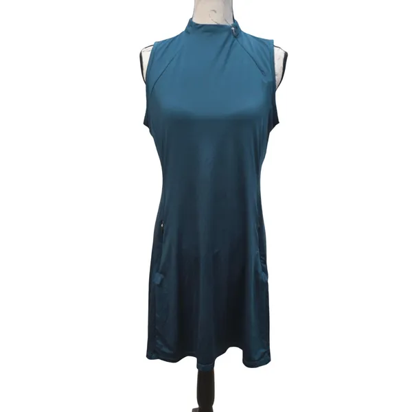 Tee Time Activewear Golf Tennis Dress‎ Teal Sleeveless Mock Neck Zipper Large - Image 3