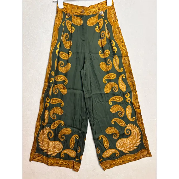 Farm Rio x‎ Anthropologie Printed Wide-Leg Pants Green Gold Paisley silky flowy - Image 4