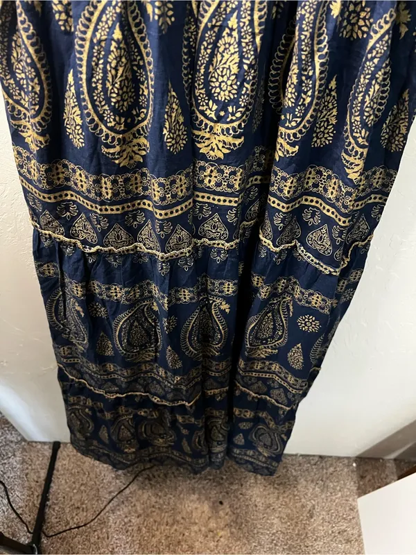 Me 2 Magic Navy Gold Sequin Paisley Smocked Boho Festival Maxi Dress - Image 5