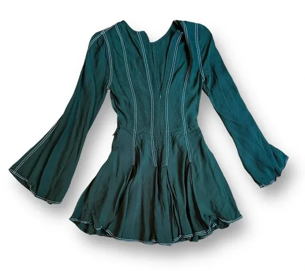 Tularosa Nicole Dress Sycamore Green Pleated Mini Dress Bell Sleeve Size XXS - Image 9