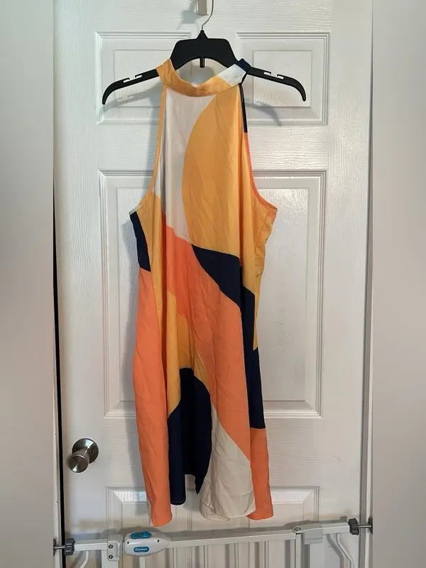 Abstract Colorblock Halter Mini Dress in Coral, Navy & Cream - Image 2