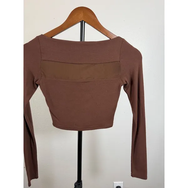 Naked Wardrobe Womens XS Brown Mesh Panel Long Sleeve Crop Top NW-C2068 - Image 5