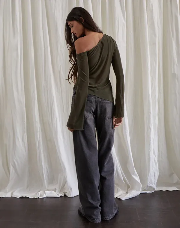 Motel Rocks narcissa asymmetric long sleeve top in mesh dark olive - Image 3