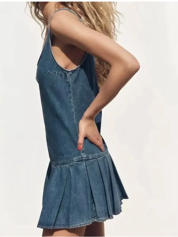 New With Tags small Wash Denim Pleated Dress Country Summer Preppy ZARA - Image 3
