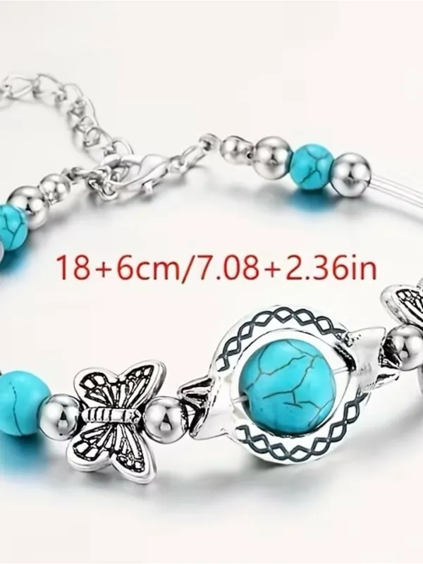 Turquoise Butterfly Silver Beaded Women’s Bracelet - Image 3