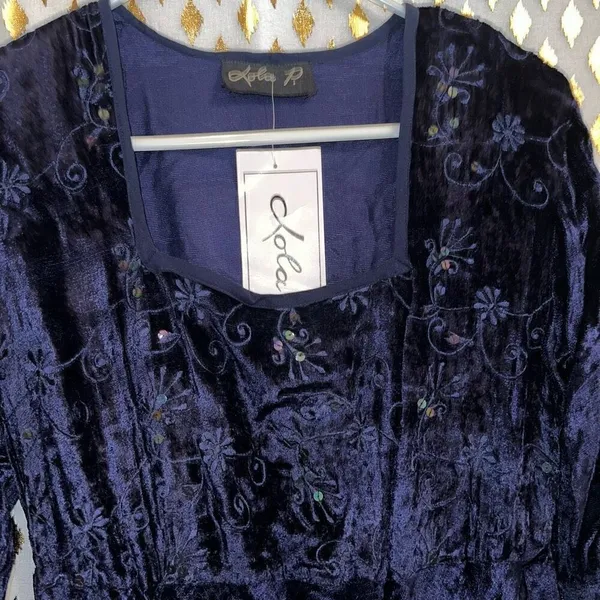 Lola P. Midnight indigo velvet vintage gown flared bottom formal dress prom wedd - Image 3