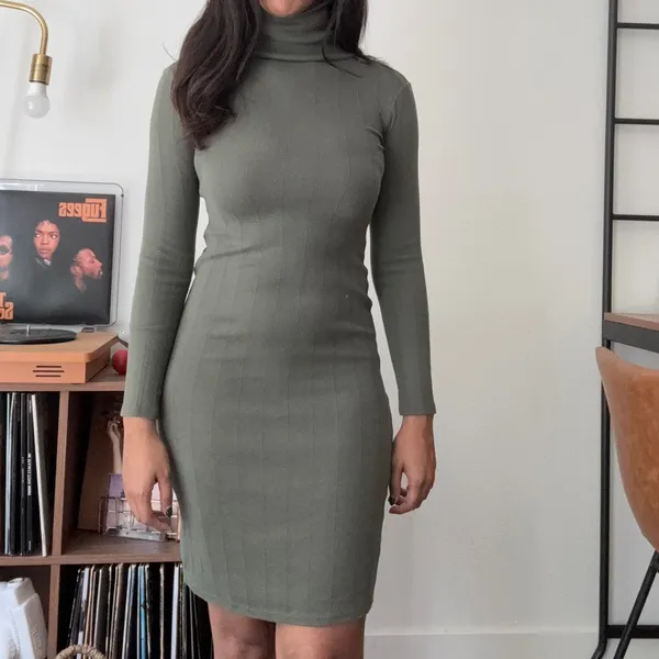 Wild Fable Olive Green Ribbed Turtleneck Bodycon Midi Dress Long Sleeve XS - Image 2