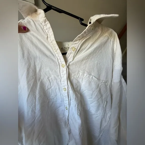 Free People Over Size Button Down Shirt Flannel Blouse Cotton White Cream Size M - Image 16