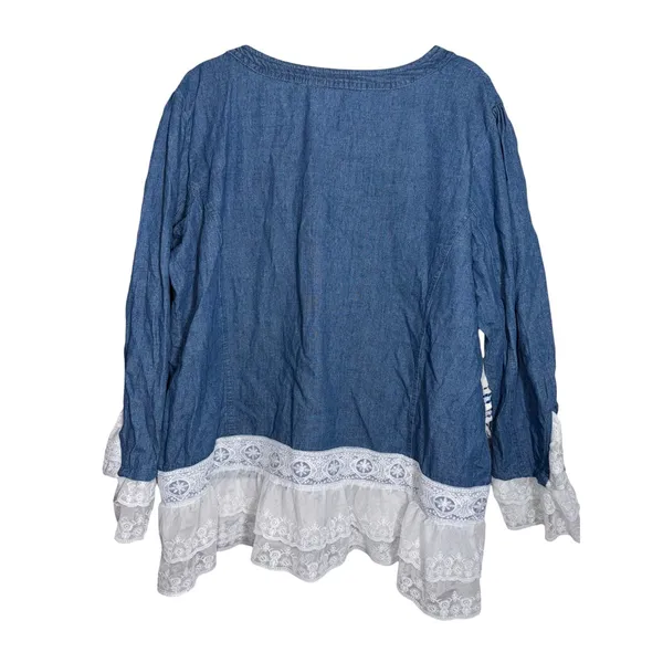 Blue Chambray Denim Button Down Top White Lace Ruffle Hem Boho XXL - Image 2