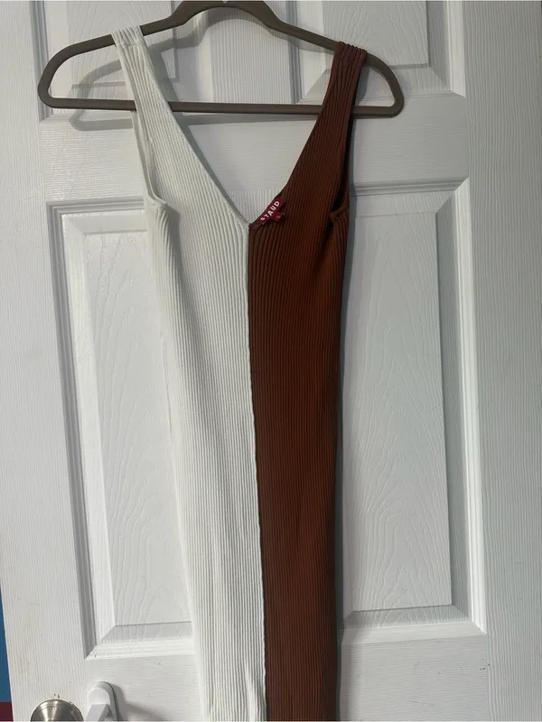 Staud Dana Colorblock Midi Sheath Dress in White and Brown - Image 5