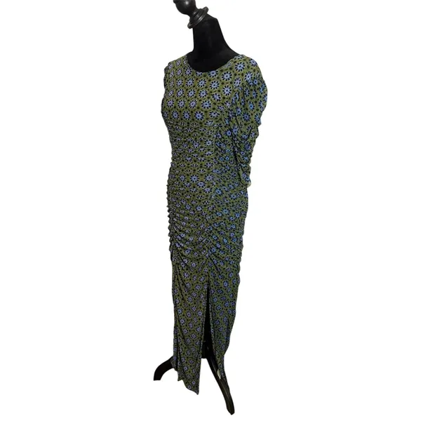 Free People Briella Ruched Midi Dress Size M Green Mesh Floral Split Bodycon - Image 8