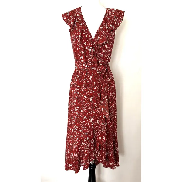 Max Studio Rust Floral Ruffle High Low Wrap Midi Dress Romantic Boho Summer Sz S - Image 2