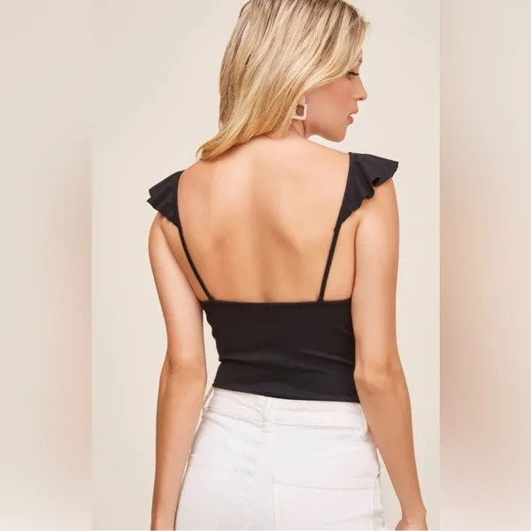ASTR the Label Black Ribbed Bodysuit with Ruffle Sleeves and Front Cut O… - Image 8