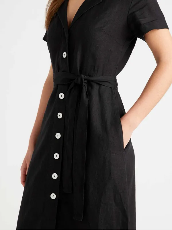 Quince 100% European Linen Button Front Short Sleeve Tie Midi Dress Black Small - Image 2