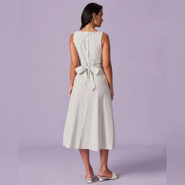 Rihoas White Square Neck Striped Midi Dress Size L - Image 7