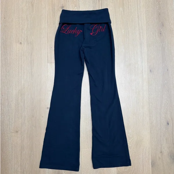 Hello Molly Flare Pants Fold Waist Base Lucky Girl Size M Navy Blue Red - Image 4