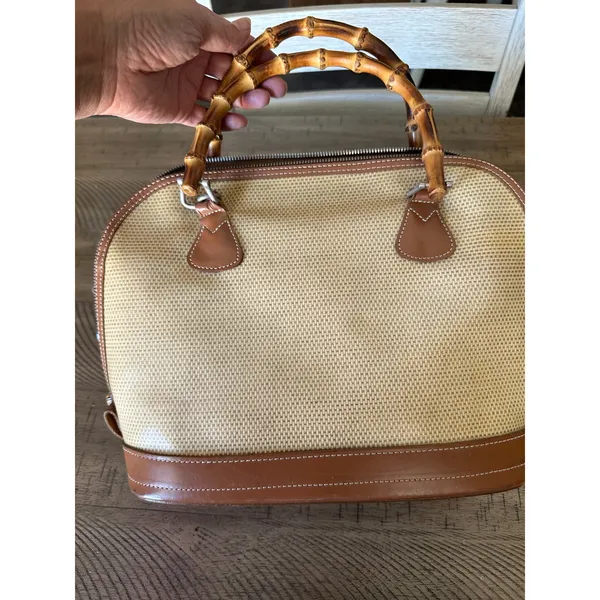 Vintage Dooney & Bourke Woven Canvas Leather Bamboo Handle Satchel Bag Crossbody - Image 2
