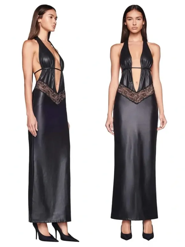 I AM GIA • Astora Maxi Dress black faux leather illusion lace plunge halter sexy - Image 6