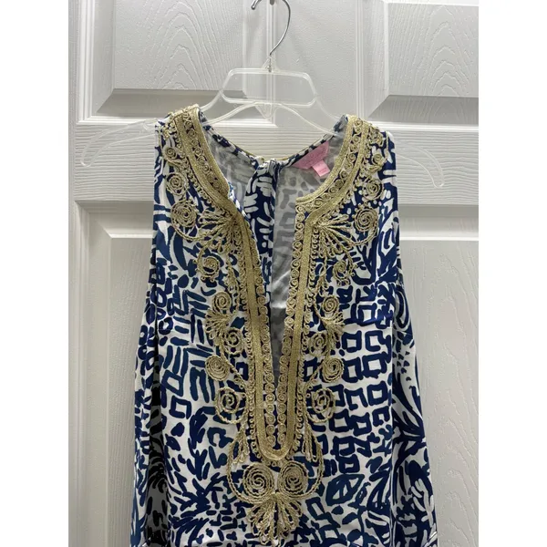 Lilly Pulitzer Carlotta Stretch Shift Dress Indigo Home Slice Gold Soutache‎ 4 - Image 6