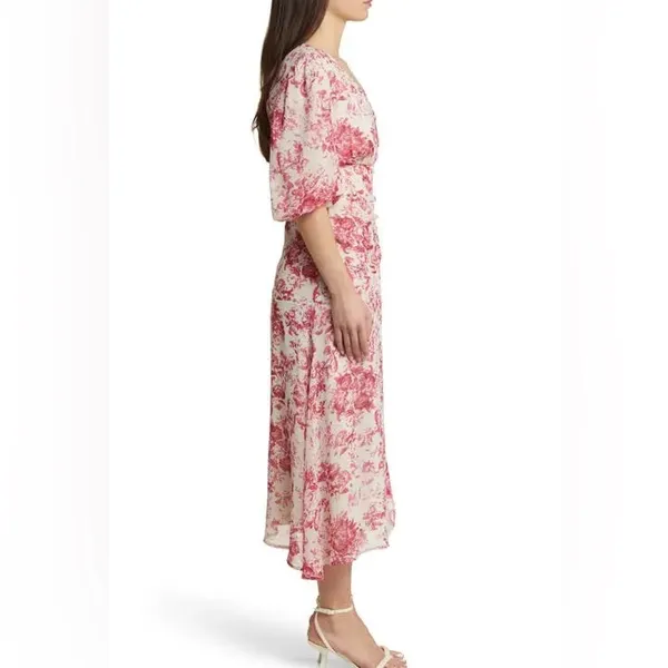 Chelsea28 Forget Me Not Floral Print Puff Sleeve Midi Dress in Beige and Pink - Image 3