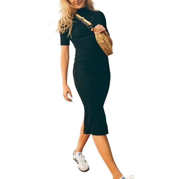 Marine‎ Layer Lexi Rib Mock Neck Midi Dress Womens XS Black Short Sleeve Slit - Image 14