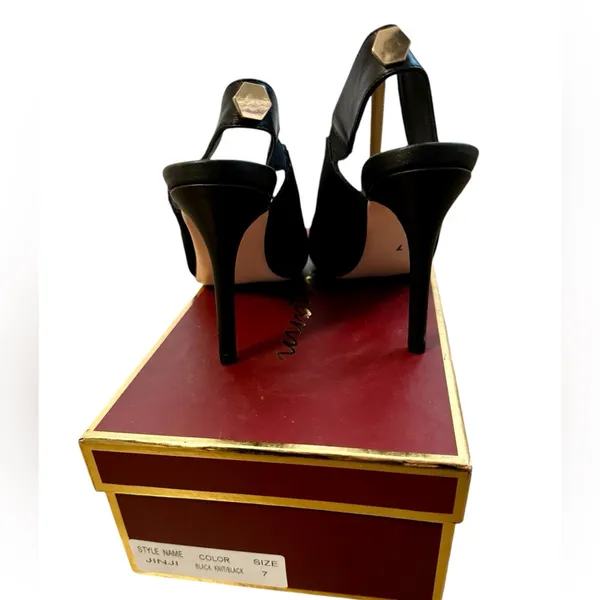 Melyann Jinji New Black Stiletto Leather and Fabric Slingback Heels Size 7 - Image 5