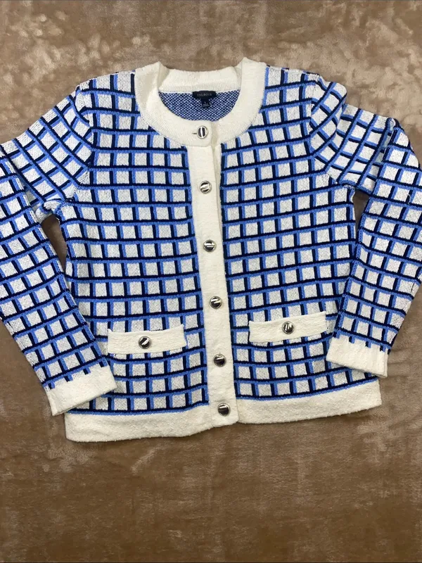 Talbots textured stitch crewneck Grid Knit Cardigan Sweater silver tone buttons - Image 3