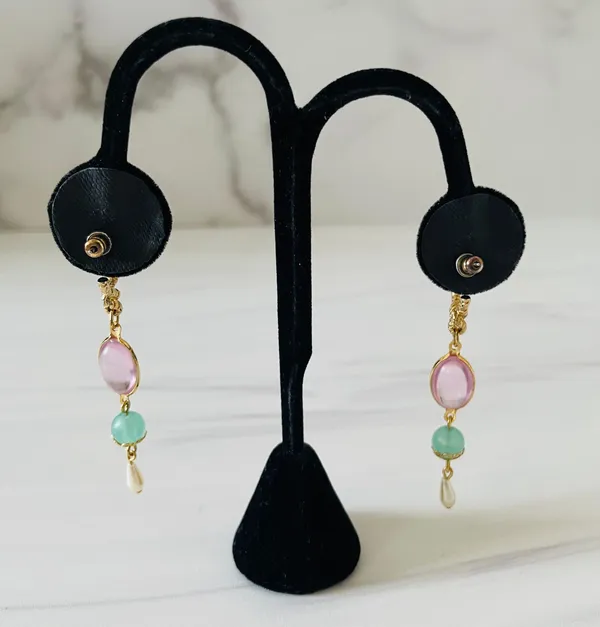 Gold Drop Earrings- Gemstone and Faux Pearl- Pierced Ears- Costume Jewelry - Image 4