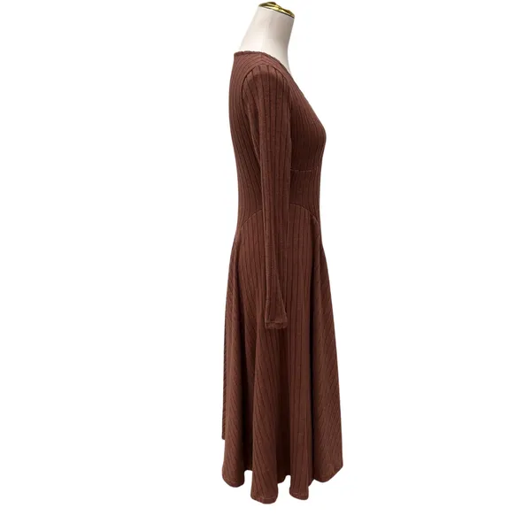 Halara Dress Sz Sm Ribbed‎ Knit Flare Long Sleeve Flowy Casual Brown Minimalist - Image 5