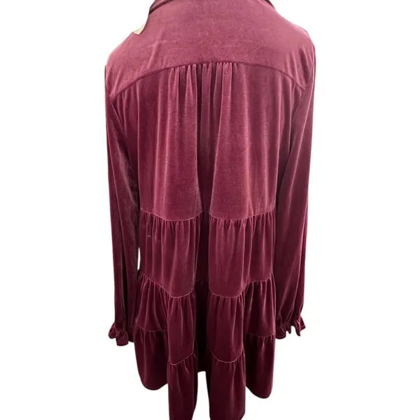 Easel Burgundy Velvet Babydoll‎ Tiered V-Neck Mini Dress Small Ruffle Flowy Boho - Image 5