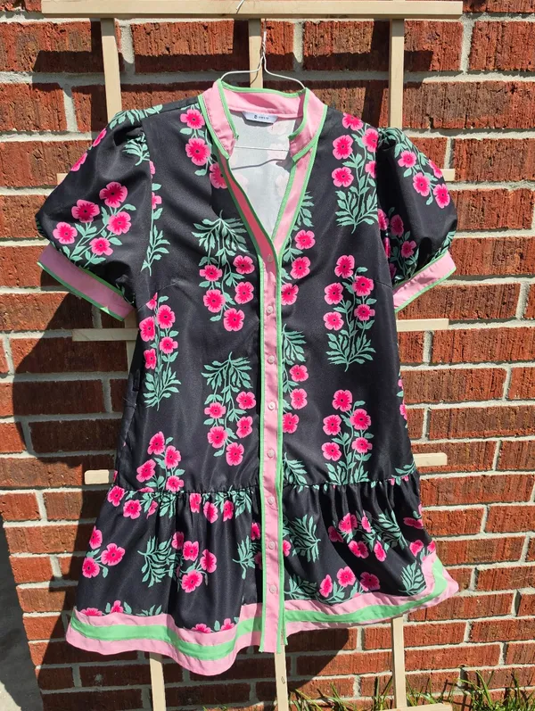 Floral Mini Dress Puff Sleeve V-Neck Button Down Casual Beach Boho Small - Image 2