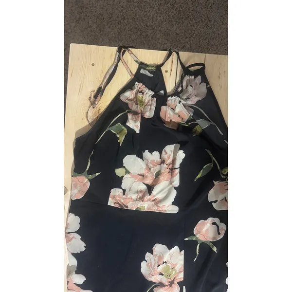 SHEIN Black Floral Halter Maxi Dress Pink Peony Print‎ High Slit XL 12 - Image 2