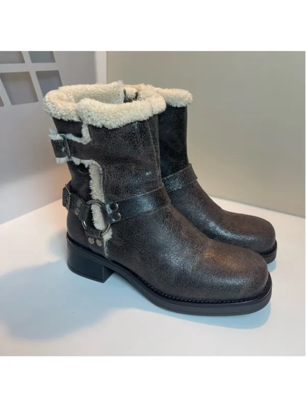 Steve Madden Brixton Brown Distressed Leather Faux Fur Mid-Calf Moto Boots 8 - Image 2