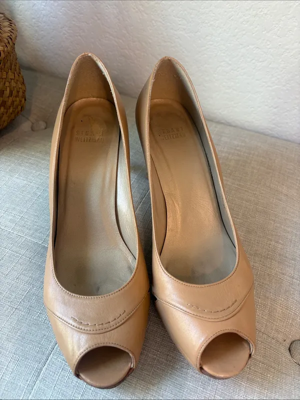 Stuart Weitzman Tan Leather Peep-Toe Heels Y2K wooden heel - Image 4