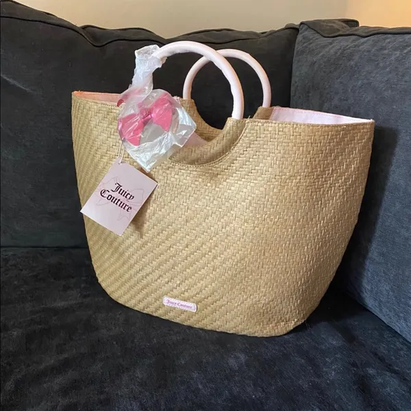NWT Juicy Couture Woven Beach Tote Straw Bag Pink Lined Summer Resort Purse - Image 3