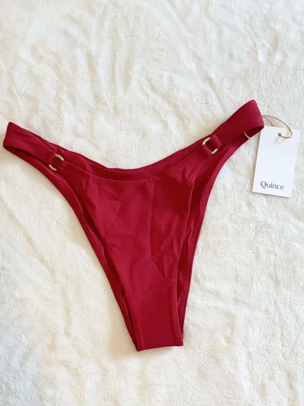 NWT Quince Italian High-Leg Ring Bikini Bottom in Cherry Red - Size: Small - Image 2