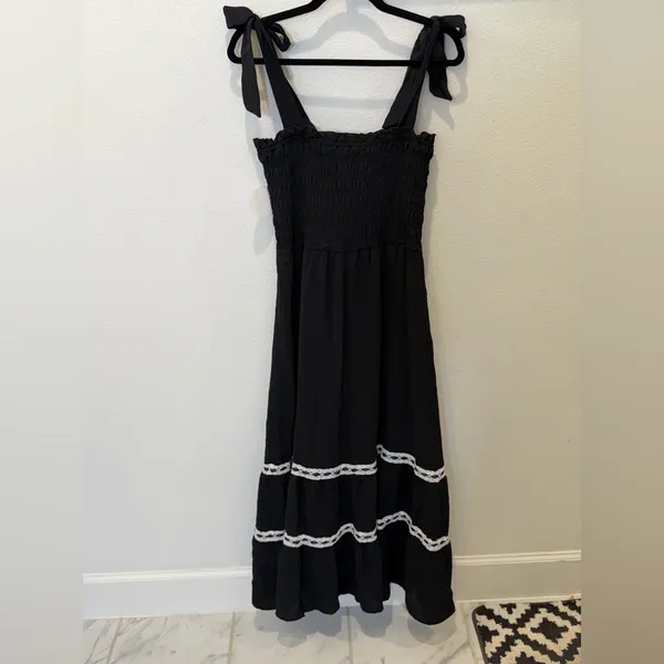 NWT Signify Black Smocked Maxi Dress Coquette Boho Ribbon & Lace Tiered Sundress - Image 5