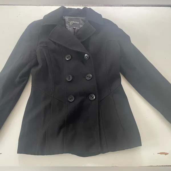 Guess Black Wool Peacoat Double Breasted Classic Preppy Size Small - Image 4