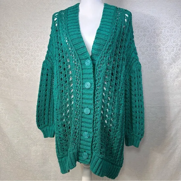 Maeve Anthropologie Teal Open Stitch Oversized Long Cardigan Sweater Small - Image 11