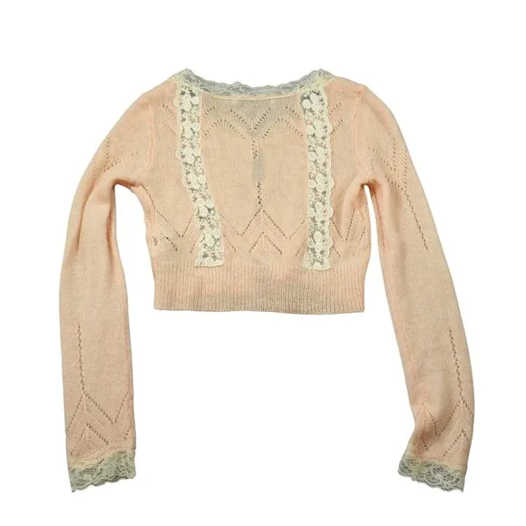 ZARA Peach Pointelle‎ Lace Trim Cropped Cardigan Sweater Delicate Cottagecore - Image 7