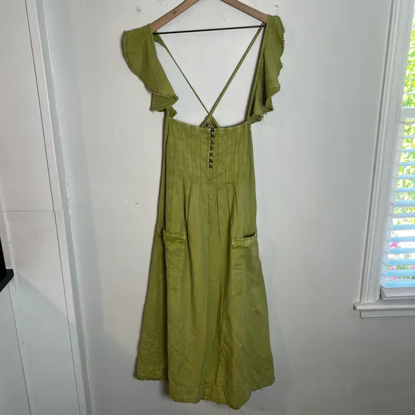 ANTHROPOLOGIE- Pilcro Flutter Sleeve Midi Dress Linen Green Boho Raw Hem Ruffle - Image 3