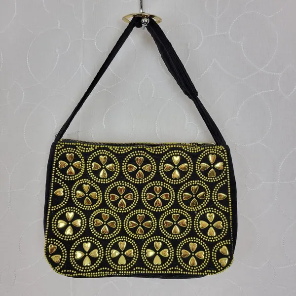 Vintage Retro Womens Bag Black Gold Beaded Studded Corduroy Purse Hong Kong - Image 3