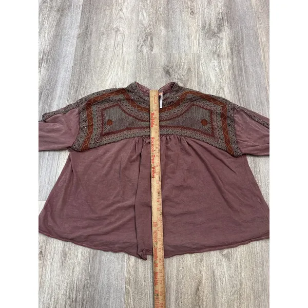 Free People Embroidered Long Sleeve Babydoll Top Plum Mauve Cotton Size Medium - Image 6
