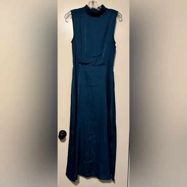 PRETTYGARDEN NWT Womens Thigh Slit Mock Neck Satin Maxi Dress dark blue size M - Image 4