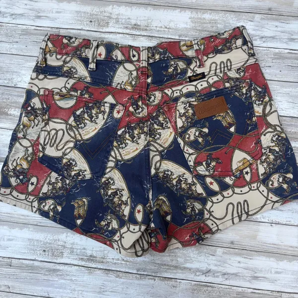 Wrangler Rodeo Print Denim Shorts 32 Red Blue High Rise Western Cowgirl Festival - Image 3