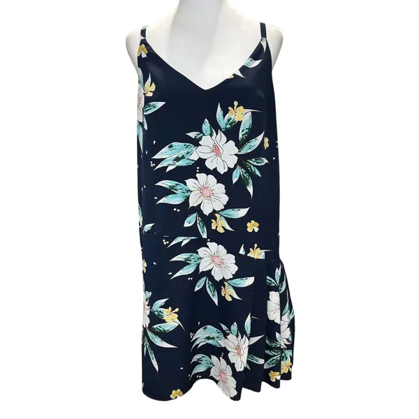 FRNCH Navy Blue Floral Spaghetti Strap Dress‎ Large Lined Pleated Shift - Image 2